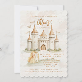 🏰 ✨ Enchanted Castle Princess 1st Birthday Inbjud Inbjudningar
