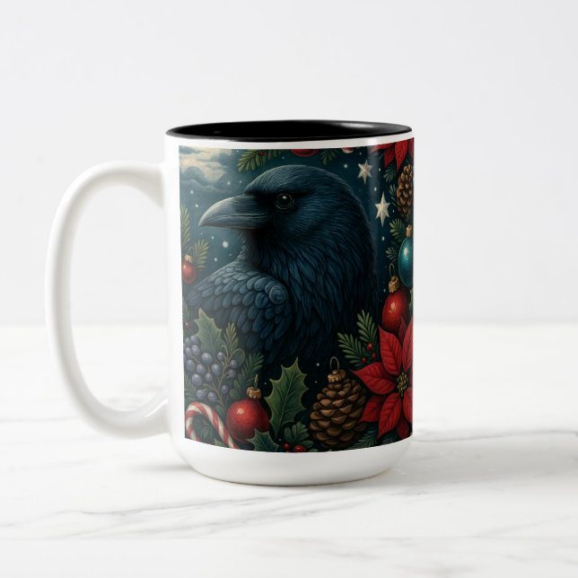 Enchanted Christmas Raven Mug – 15oz Winter Gothic Två-Tonad Mugg (Vänster)