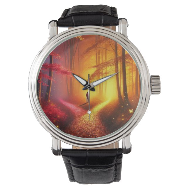 Enchanted Crossroads – Vibrant Autumn Forest Art P Armbandsur (Framsida)