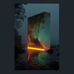 Enchanted Crystal Monolith Forest Glow Poster<br><div class="desc">A towering rectangular crystal monolith stands on a misty rocky shoreline at twilight. Inside its translucent depths, a vibrant lush forest with dense green trees glows with warm golden-orange light that spills out as a radiant horizontal band, perfectly reflected on the wet rocks and shallow water below. The dark exterior...</div>