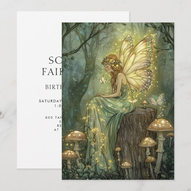 Enchanted Fairy First Birthday Forest Mushrooms Inbjudningar (Fram/baksida)