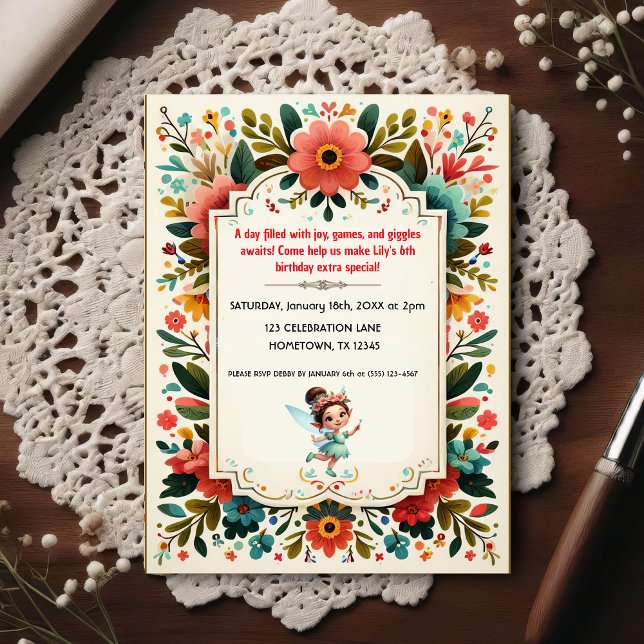 Enchanted Fairy Floral Birthday Invitation Vykort (Skapare uppladdad)