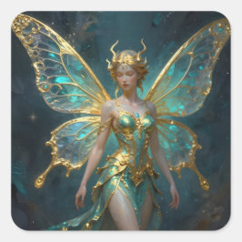Enchanted Fairy in Gold and Turquoise  Fyrkantigt Klistermärke