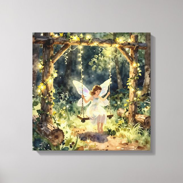 Enchanted Fairy on a Swing in a Magical Forest Canvastryck (Framsida)