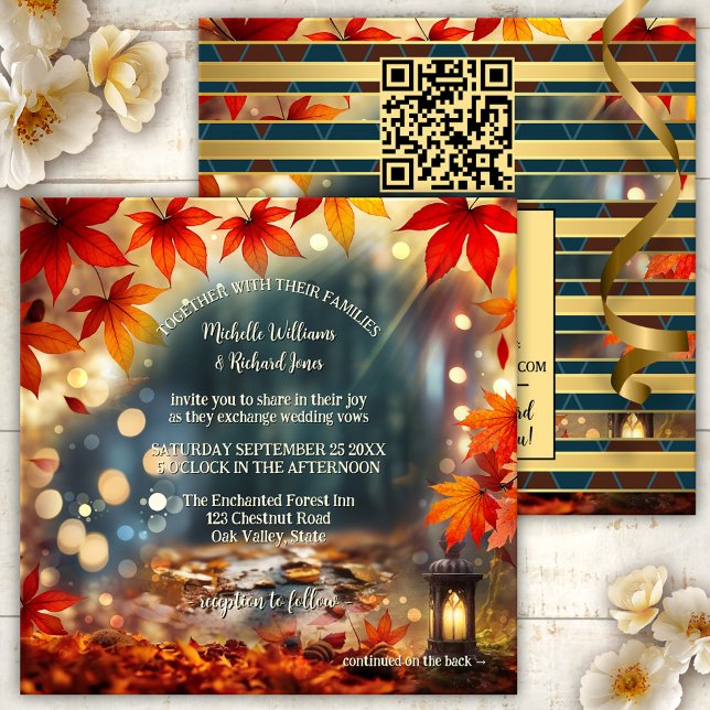 Enchanted Fall Forest All-in-One Bröllop Inbjudningar (Unique all-in-one fall wedding invitation with an enchanted forest theme with fairy lights - QR code)