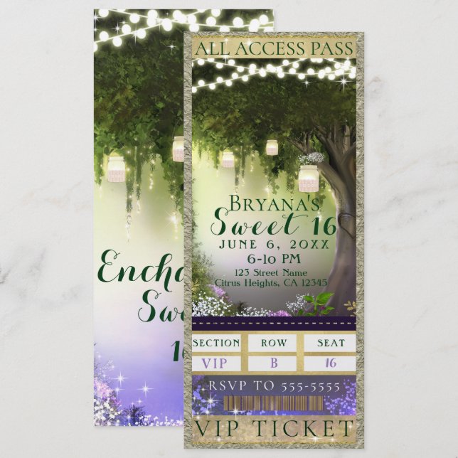 Enchanted Forest Access VIP Sweet 16 Biljett Inbjudningar (Fram/baksida)