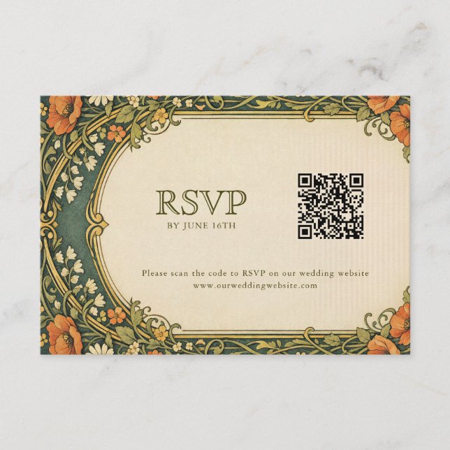 Enchanted Forest Art Nouveau RSVP with QR Code Tilläggskort (Framsida)
