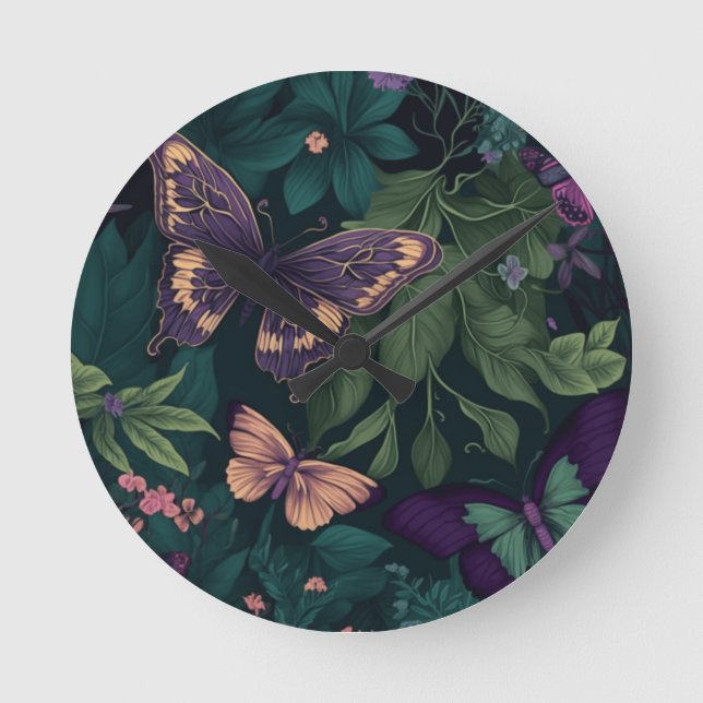 Enchanted Forest Butterflies Botanical Clock Rund Klocka (Framsida)