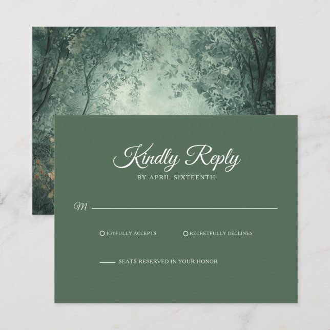 Enchanted Forest Dark Green Wedding RSVP OSA Kort (Fram/baksida)