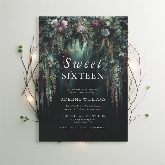 Enchanted Forest Emerald Blommigt Fairytale Sweet  Inbjudningar (enchanted forest sweet 16 emerald green mauve purple arch woodland fairy tale faerie magic invite)