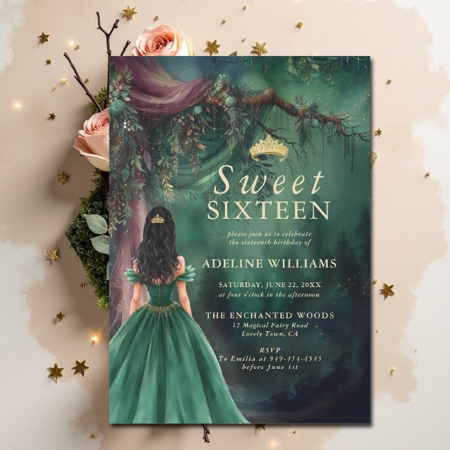 Enchanted Forest Emerald Gold Fairytale Sweet 16 Inbjudningar (enchanted forest sweet 16 sixteen invitation emerald green gold fairytale fairy tale princess woods)