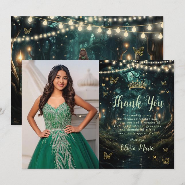 Enchanted Forest Emerald Grönt Quinceañera Photo Tack Kort (Fram/baksida)