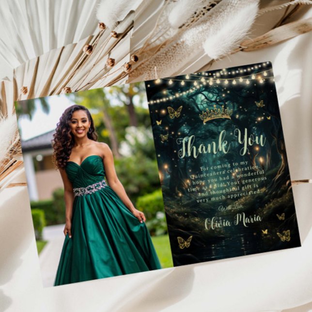 Enchanted Forest Emerald Grönt Quinceañera Photo Tack Kort (Skapare uppladdad)
