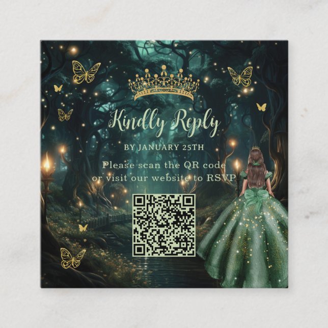 Enchanted Forest Emerald Grönt Quinceañera QR OSA Tilläggskort (Framsida)