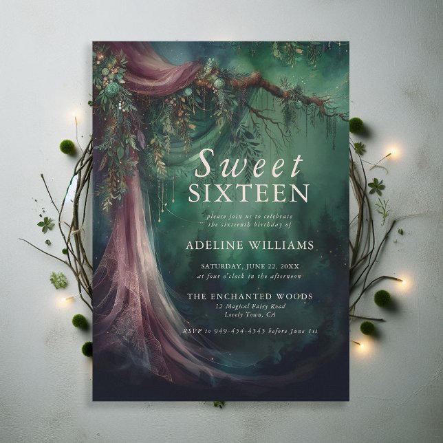 Enchanted Forest Emerald Mauve Fairytale Sweet 16 Inbjudningar (enchanted forest sweet 16 emerald green mauve purple veil woodland fairy tale faerie magic invite)