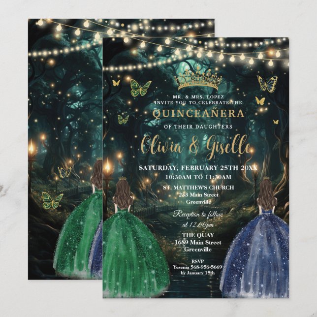 Enchanted Forest Emerald & Navy Twins Quinceañera Inbjudningar (Fram/baksida)