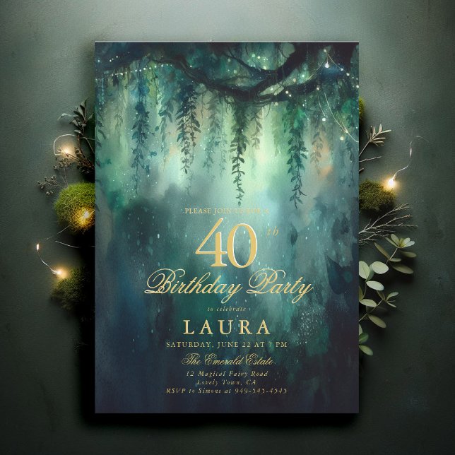 Enchanted Forest Fairy Gold Greenery 40th Birthday Inbjudningar (40th birthday invite for women enchanted forest garden greenery foliage emerald gold woodland fairy)