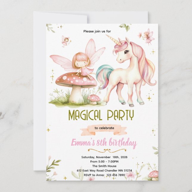 Enchanted Forest Fairy Unicorn Birthday Invitation Inbjudningar (Framsida)