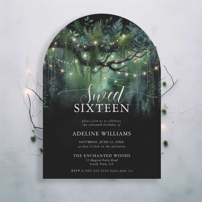 Enchanted Forest Foliage Arch Fairytale Sweet 16 Inbjudningar (enchanted forest sweet 16 emerald green greenery arch woodland fairy tale faerie invitation)