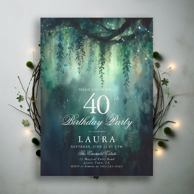 Enchanted Forest Greenery Fairy 40th Birthday Inbjudningar (40th birthday invite for women enchanted forest garden greenery foliage emerald green woodland fairy)