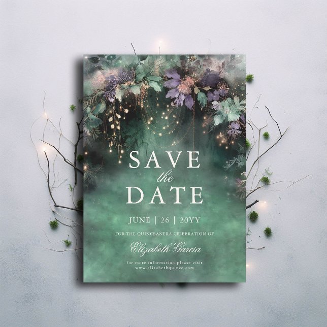 Enchanted Forest Lavender Quinceanera Fairy Tale Spara Datumet (enchanted forest quinceanera save the date fairy tale emerald green lavender purple pink elegant)