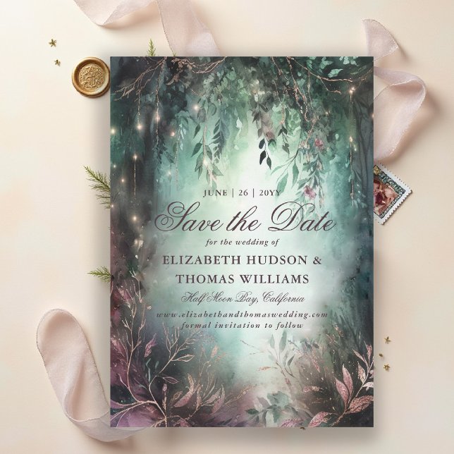 Enchanted Forest Mauve Vines Bröllop spara datum Inbjudningar (enchanted forest save the date wedding emerald green gold pink fairytale fairy greenery woodland)
