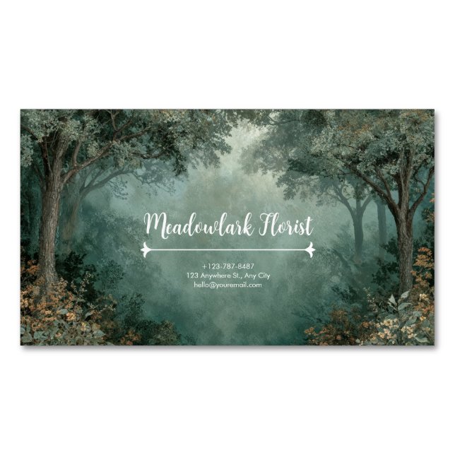 Enchanted Forest Misty Teal Green Painterly Magnetiska Visitkort (Framsida)