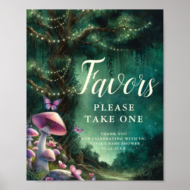 Enchanted Forest Mushrooms Favors Sign Baby Shower Poster (Framsidan)