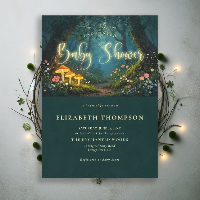 Enchanted Forest Mushrooms Glow Script Baby Shower Inbjudningar (enchanted forest baby shower theme invite magical fairy tale mushrooms woodland wildflowers fantasy )
