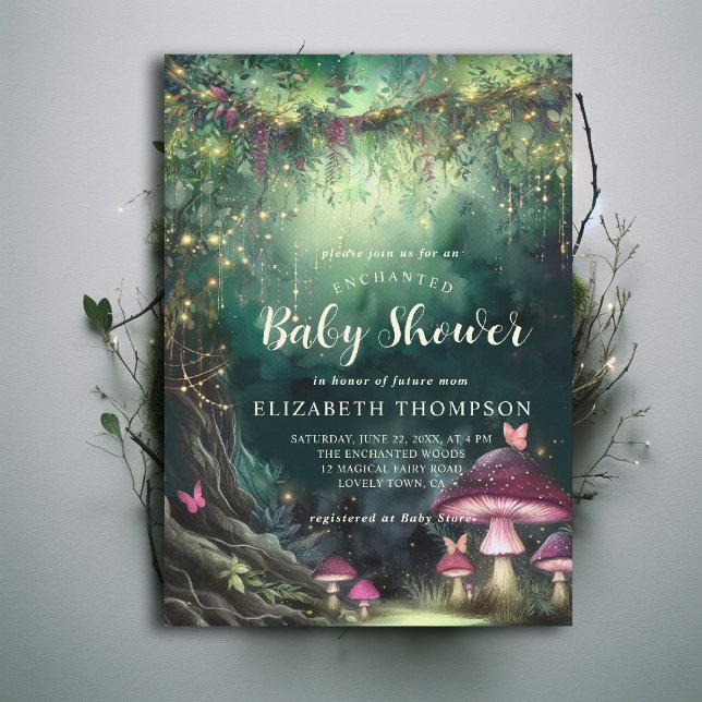 Enchanted Forest Mushrooms Grove Magic Baby Shower Inbjudningar (enchanted forest baby shower theme invitation mushrooms butterflies emerald green pink woodland chic)