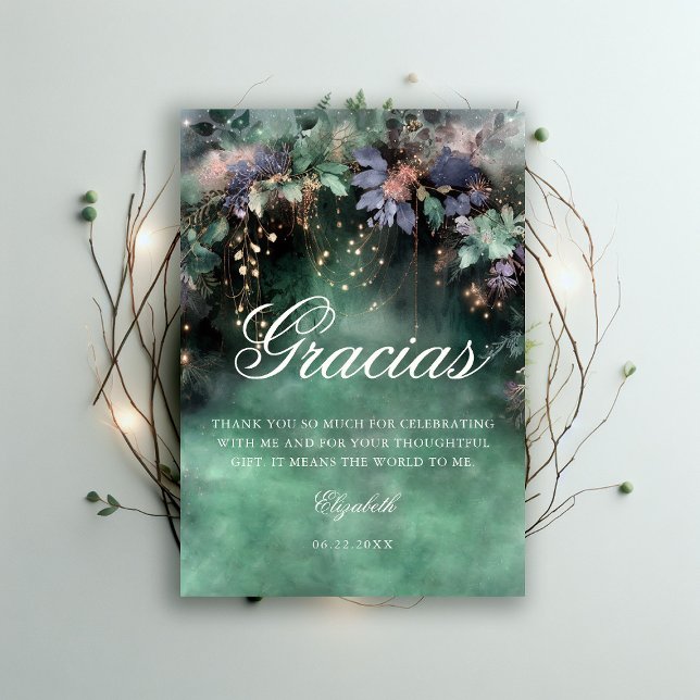 Enchanted Forest Periwinkle Woodland Quinceanera Tack Kort (enchanted forest quinceanera thank you card watercolor princess dress periwinkle emerald green)