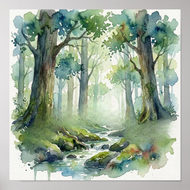 Enchanted Forest Stream: Ethereal Green Watercolor Poster (Framsidan)