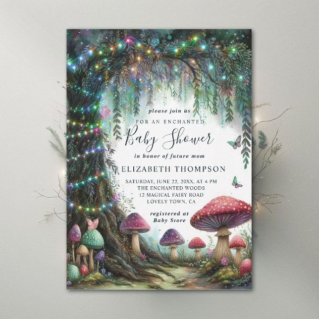 Enchanted Forest Whimsical Mushrooms Baby Shower Inbjudningar (enchanted forest baby shower invitation woodland mushrooms rainbow twinkle magic fairy)
