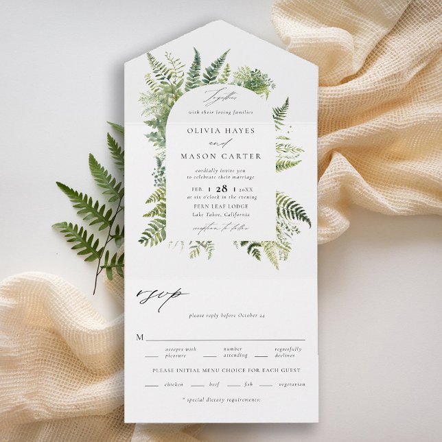 Enchanted Forest Woodland Ferns Boho Arch Bröllop (enchanted forest wedding invitation botanical boho arch ferns outdoors mountains nature garden all)