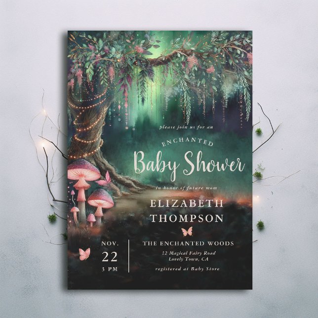 Enchanted Forest Woodland Mushrooms Baby Shower Inbjudningar (enchanted forest baby shower theme invitation mushrooms butterflies emerald green pink woodland)