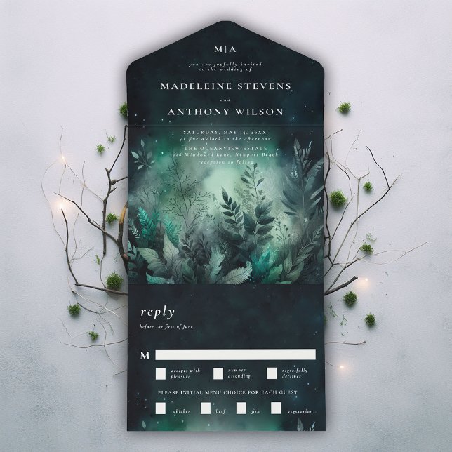 Enchanted Garden Emerald Fairytale Magic Bröllop (enchanted garden magical fairytale fairy greenery all in one trifold wedding invitation modern class)