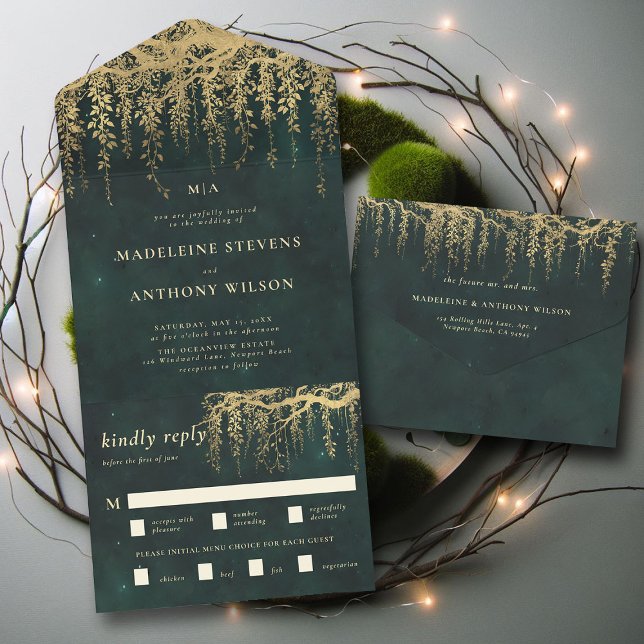 Enchanted Garden Emerald Guld Fairytale Bröllop (enchanted forest trifold wedding invitation seal send emerald gold branches vines elegant classy)
