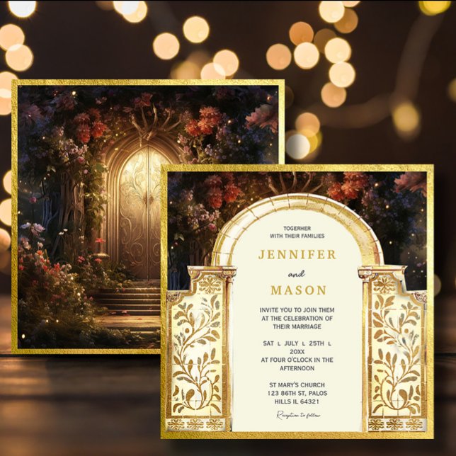 Enchanted Garden Grind Bröllop Inbjudningar (Enchanted Garden Gate Wedding Invitation #zazzlemade #dreamyinvitation #gardengatewedding#decorative)