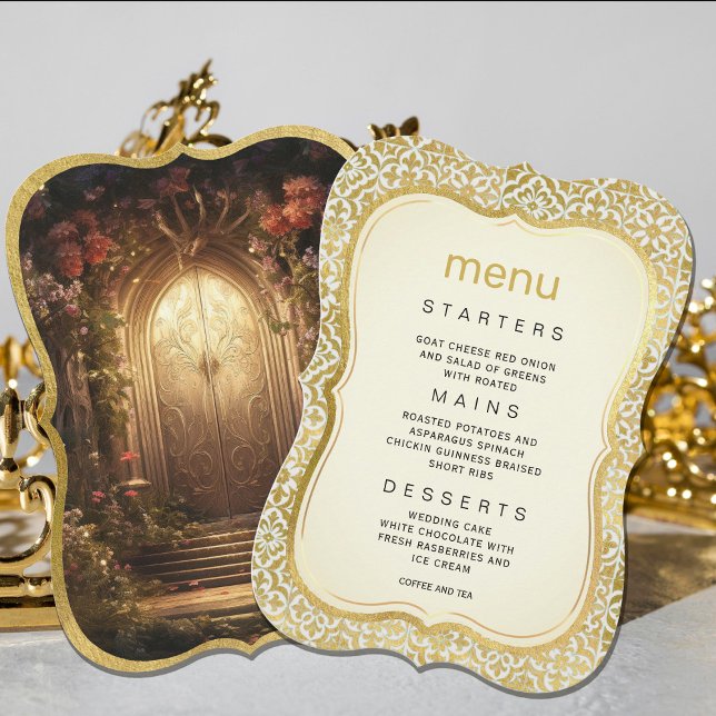 Enchanted Garden Grind Bröllop Menu Inbjudningar (Enchanted Garden Gate Wedding Menu Invitation #zazzlemade #romanticinvitation #weddingdinner #royal)
