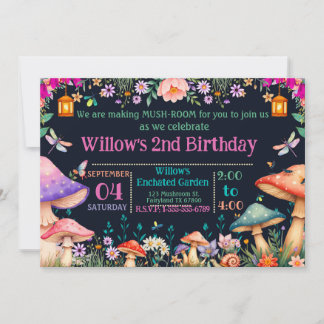 Enchanted Garden Mushroom Birthday Party Invite Inbjudningar