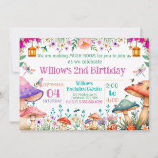 Enchanted Garden Mushroom Birthday Party Invite Inbjudningar