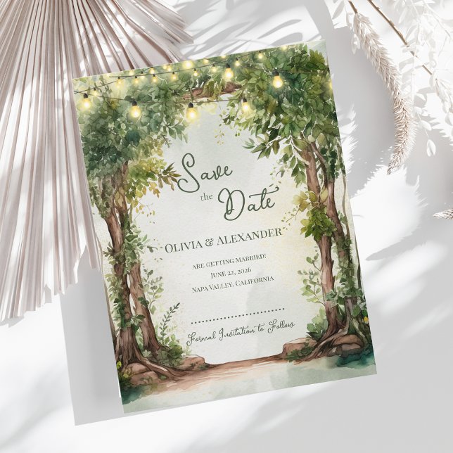 Enchanted Garden String Lights Save the Date  Meddelande Vykort (Enchanted Garden String Lights Save the Date | Rustic Outdoor Wedding Save the Date Card)