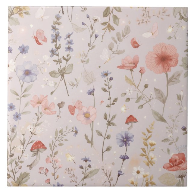 Enchanted Garden Wildflower Butterfly Botanical Kakelplatta (Framsidan)