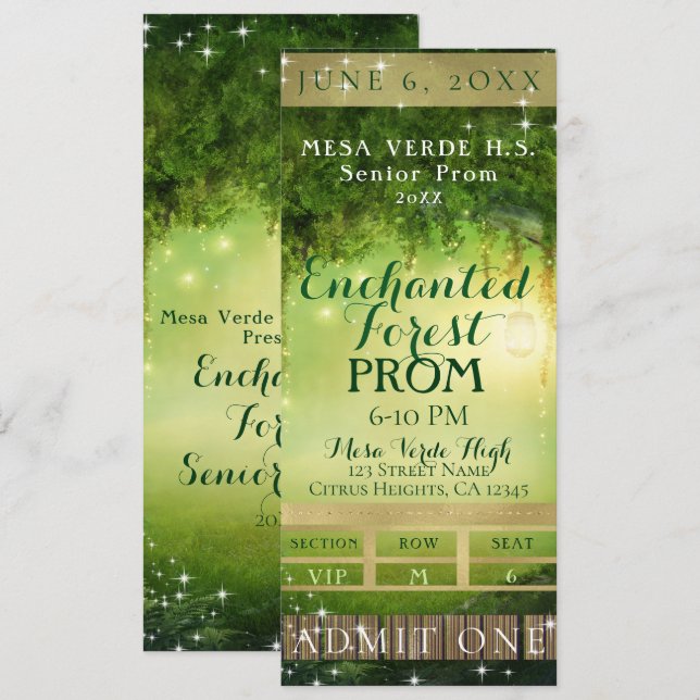 Enchanted Green Forest Prom VIP-partibiljett Inbjudningar (Fram/baksida)