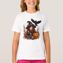 Enchanted Halloween Night Witch, Raven & Pumpkin T Shirt