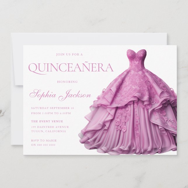 Enchanted Lavender Lila Dress Gown Quinceanera Inbjudningar (Framsida)