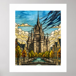 Enchanted Medieval Castle Stained Glass Canal Illu Poster