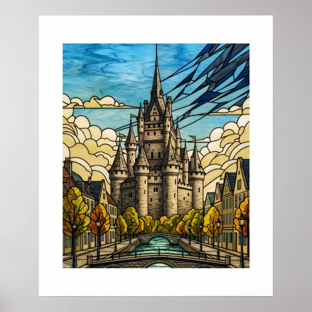 Enchanted Medieval Castle Stained Glass Canal Illu Poster (Framsidan)
