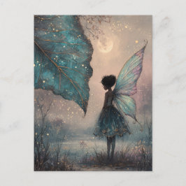 Enchanted Moonlit Leaf Fairy Watercolor Fantasy Vykort