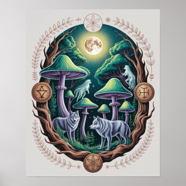 Enchanted Moonlit Wolves and Psychedelic Mushrooms Poster (Framsidan)